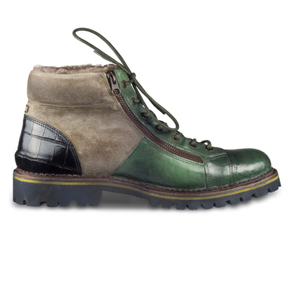 LORENZI Winterstiefelette Herren mit Lammfell & Reißverschluß, grün – Kalbsleder stonewashed. Handgefertigt / durchgenäht in Italien. Ansicht Innenseite linker Schuh
