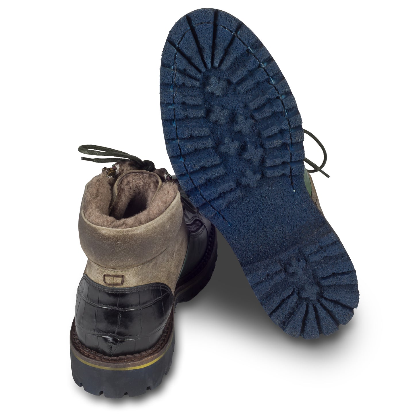 LORENZI Winterstiefelette Herren mit Lammfell & Reißverschluß, grün – Kalbsleder stonewashed. Handgefertigt / durchgenäht in Italien. Ansicht Ferse und Sohlenunterseite