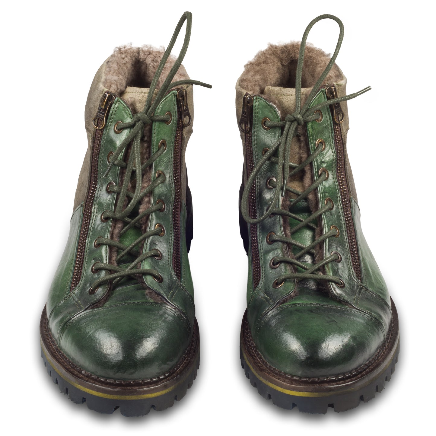 LORENZI Winterstiefelette Herren mit Lammfell & Reißverschluß, grün – Kalbsleder stonewashed. Handgefertigt / durchgenäht in Italien. Paarweise Ansicht von vorne