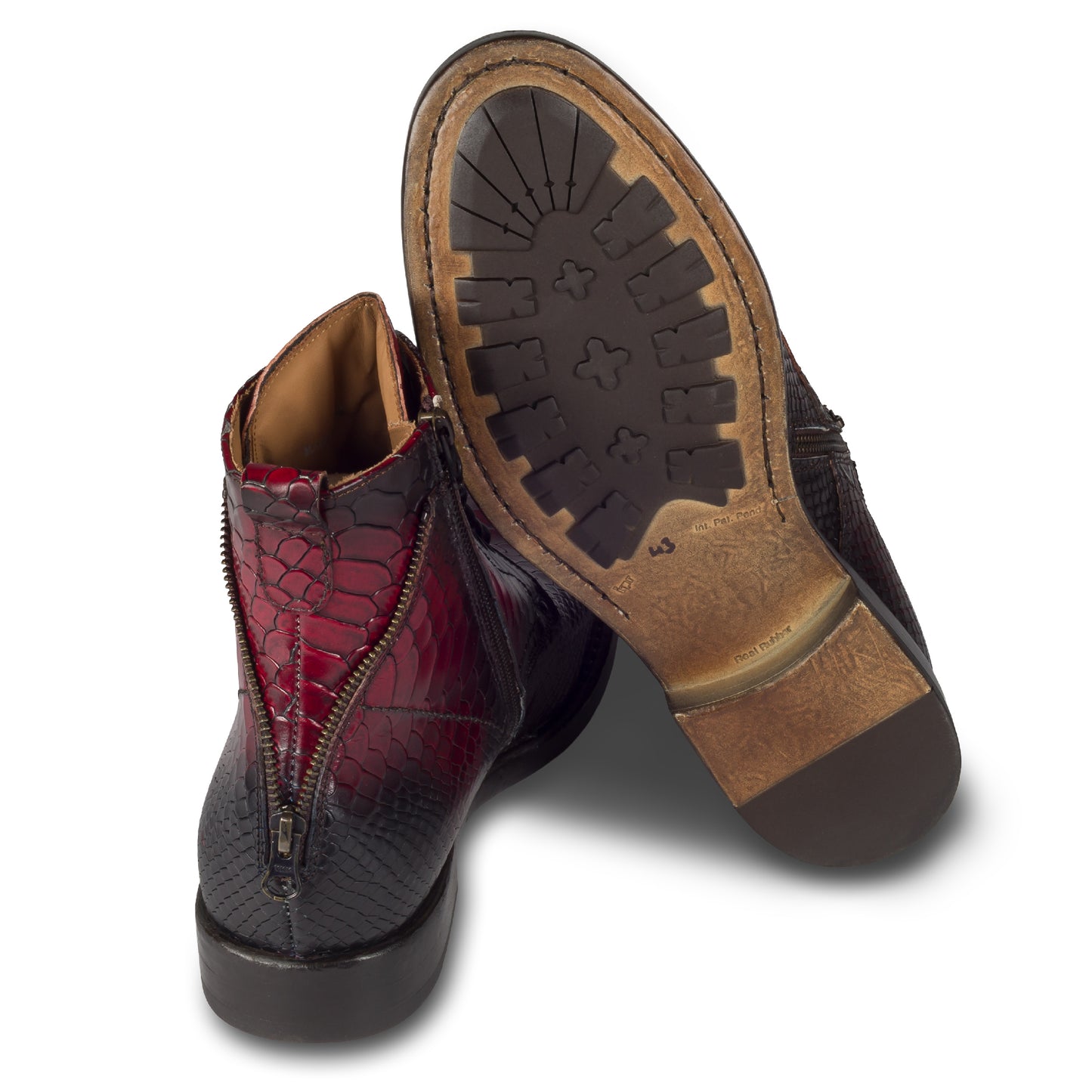 LORENZI Italienische Herren Leder-Schnürstiefel in rot/schwarz. Mit Krokoprägung und Reißverschluß, handgefertigt. Ansicht Sohle und Ferse