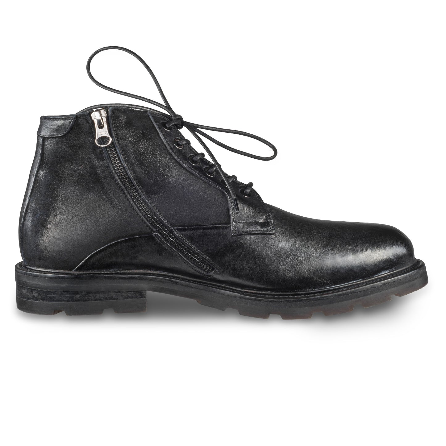 LORENZI Winterstiefelette Herren mit Lammfell & Reißverschluß. Schwarzes Glattleder mit Wildleder. Handgefertigt / durchgenäht in Italien. Ansicht Innenseite linker Schuh