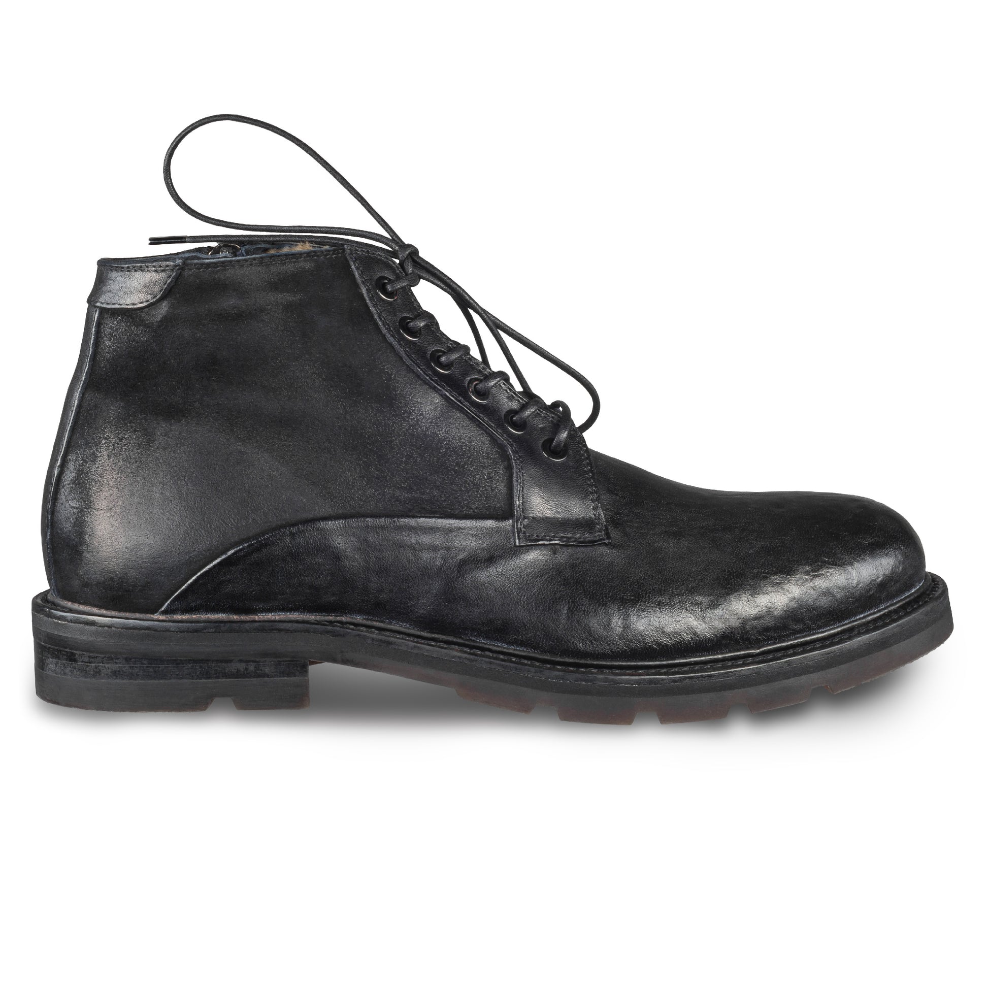 LORENZI Winterstiefelette Herren mit Lammfell & Reißverschluß. Schwarzes Glattleder mit Wildleder. Handgefertigt / durchgenäht in Italien. Ansicht Außenseite rechter Schuh