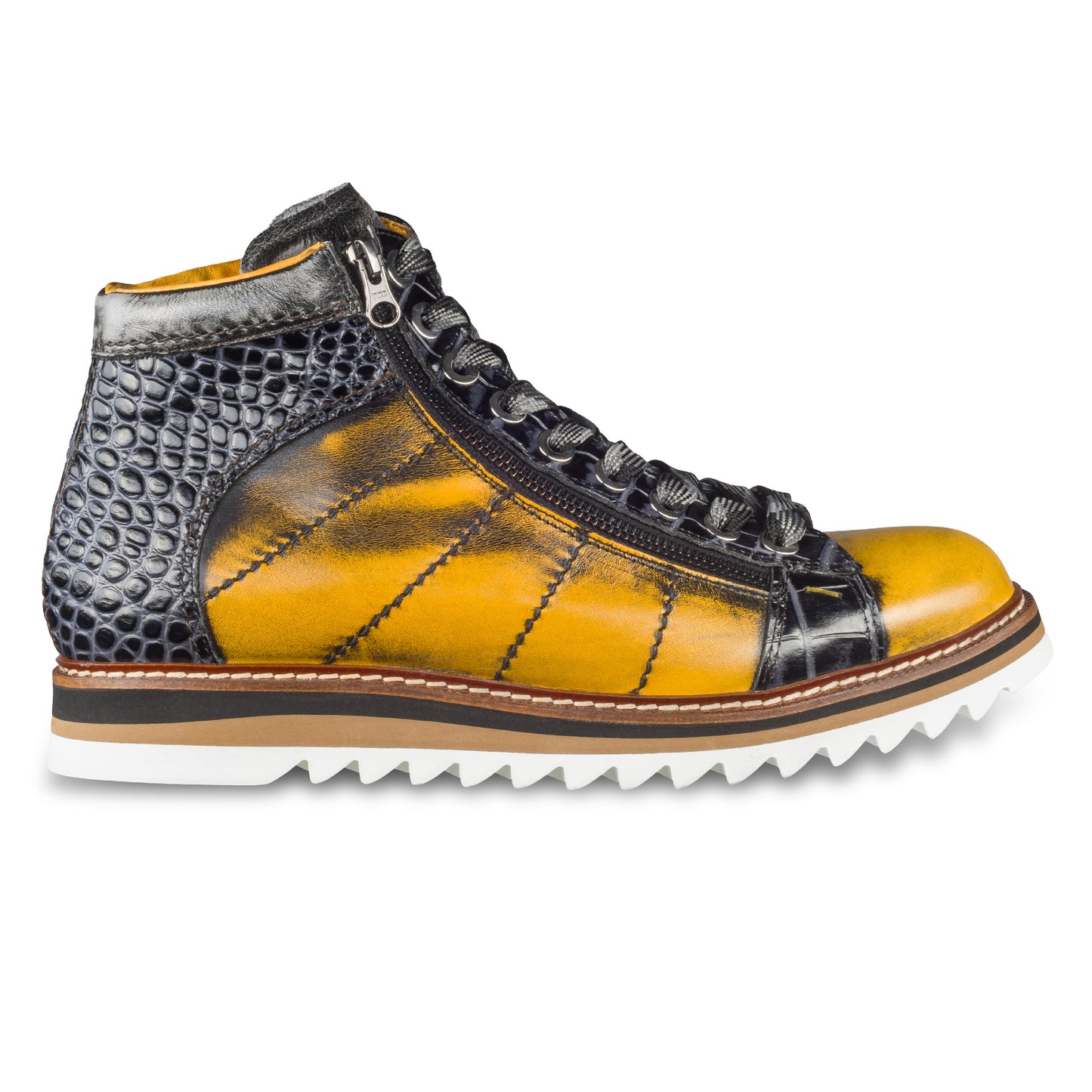 LORENZI Sneaker Stiefel Herren gelb/schwarz. Kalbsleder im used-look. Mit Reißverschluß. Handgefertigt / durchgenäht in Italien. Ansicht Außenseite rechter Schuh