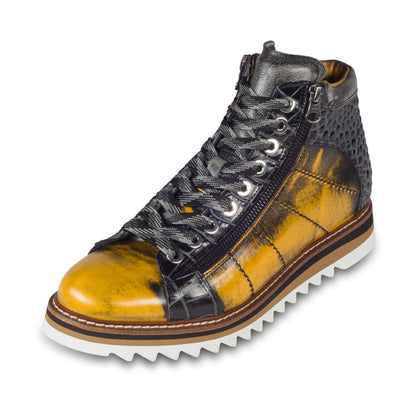 LORENZI Sneaker Stiefel Herren gelb/schwarz. Kalbsleder im used-look. Mit Reißverschluß. Handgefertigt / durchgenäht in Italien. Schräge Ansicht linker Schuh - graue Schnürsenkel