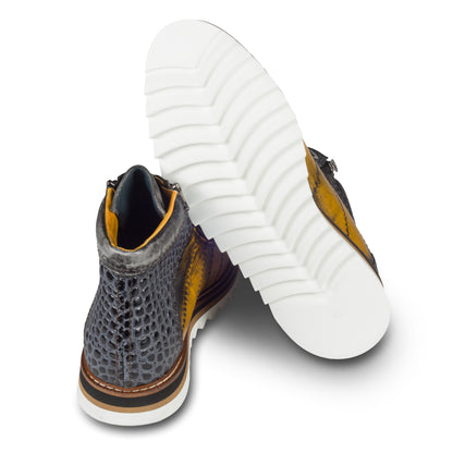 LORENZI Sneaker Stiefel Herren gelb/schwarz. Kalbsleder im used-look. Mit Reißverschluß. Handgefertigt / durchgenäht in Italien. Ansicht Ferse und Sohlenunterseite