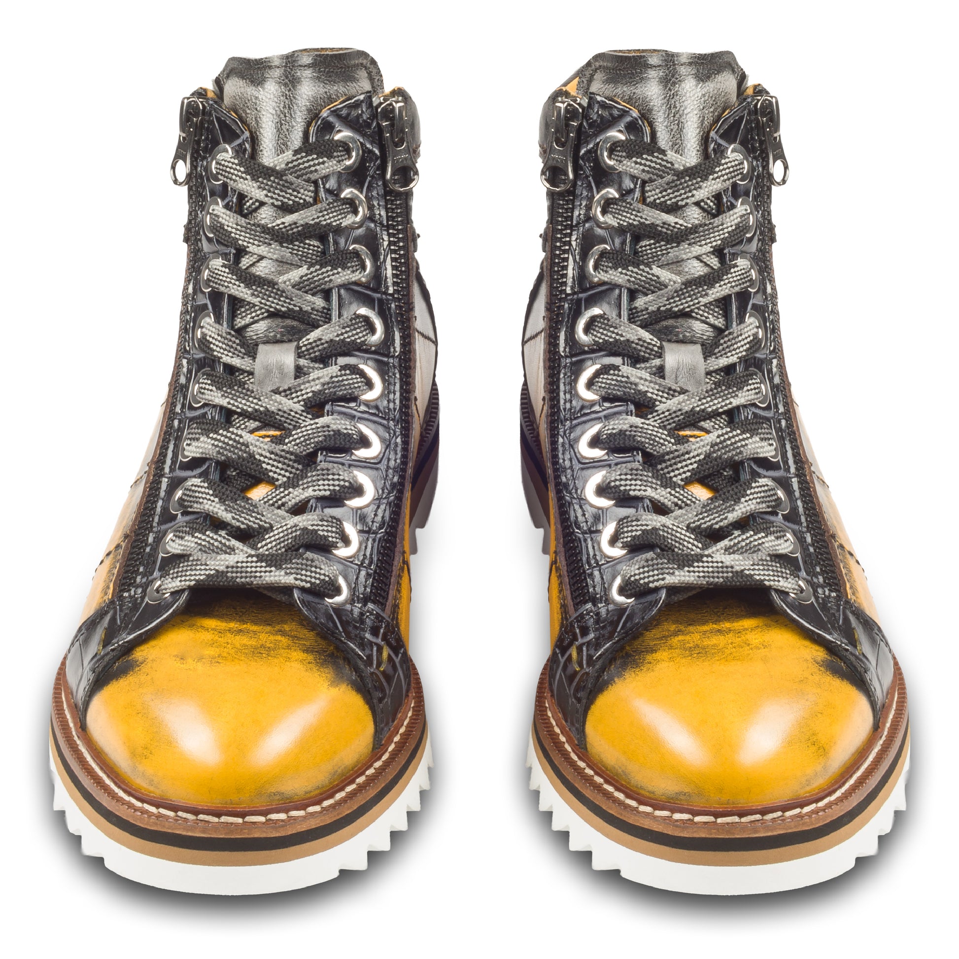 LORENZI Sneaker Stiefel Herren gelb/schwarz. Kalbsleder im used-look. Mit Reißverschluß. Handgefertigt / durchgenäht in Italien. Paarweise Ansicht von vorne