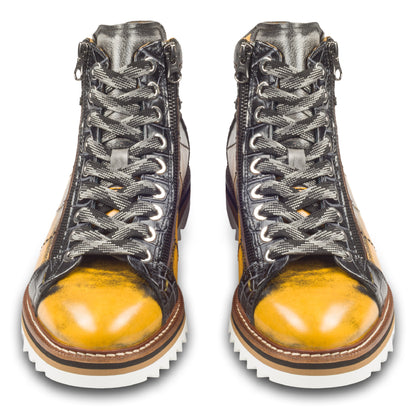 LORENZI Sneaker Stiefel Herren gelb/schwarz. Kalbsleder im used-look. Mit Reißverschluß. Handgefertigt / durchgenäht in Italien. Paarweise Ansicht von vorne