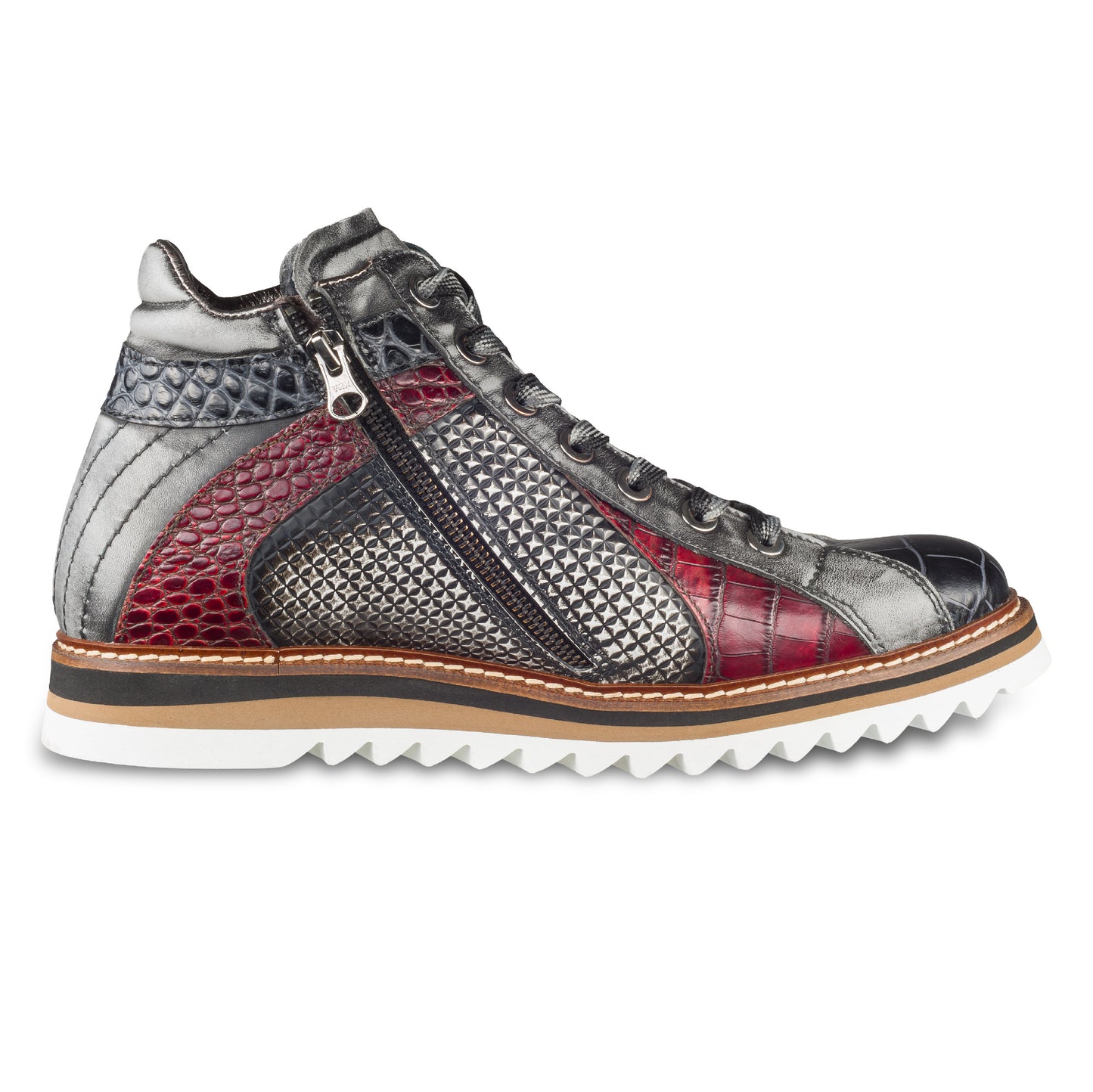 LORENZI Sneaker Stiefel Herren grau/rot/schwarz. Kalbsleder mit Krokoprägung. Mit Reißverschluß. Handgefertigt / durchgenäht in Italien. Ansicht Innenseite linker Schuh