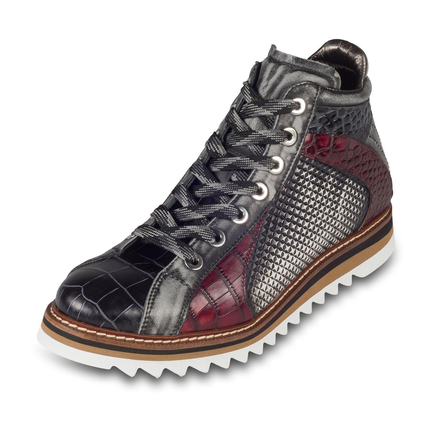 LORENZI Sneaker Stiefel Herren grau/rot/schwarz. Kalbsleder mit Krokoprägung. Mit Reißverschluß. Handgefertigt / durchgenäht in Italien. Schräge Ansicht linker Schuh