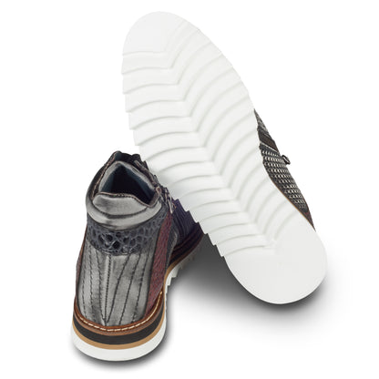 LORENZI Sneaker Stiefel Herren grau/rot/schwarz. Kalbsleder mit Krokoprägung. Mit Reißverschluß. Handgefertigt / durchgenäht in Italien. Ansicht Ferse und Sohlenunterseite