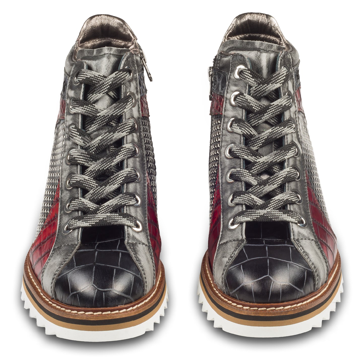 LORENZI Sneaker Stiefel Herren grau/rot/schwarz. Kalbsleder mit Krokoprägung. Mit Reißverschluß. Handgefertigt / durchgenäht in Italien. Paarweise Ansicht von vorne