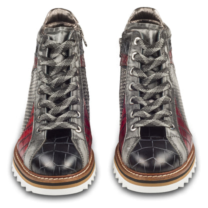 LORENZI Sneaker Stiefel Herren grau/rot/schwarz. Kalbsleder mit Krokoprägung. Mit Reißverschluß. Handgefertigt / durchgenäht in Italien. Paarweise Ansicht von vorne