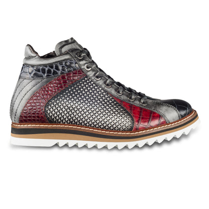 LORENZI Sneaker Stiefel Herren grau/rot/schwarz. Kalbsleder mit Krokoprägung. Mit Reißverschluß. Handgefertigt / durchgenäht in Italien. Ansicht Außenseite rechter Schuh