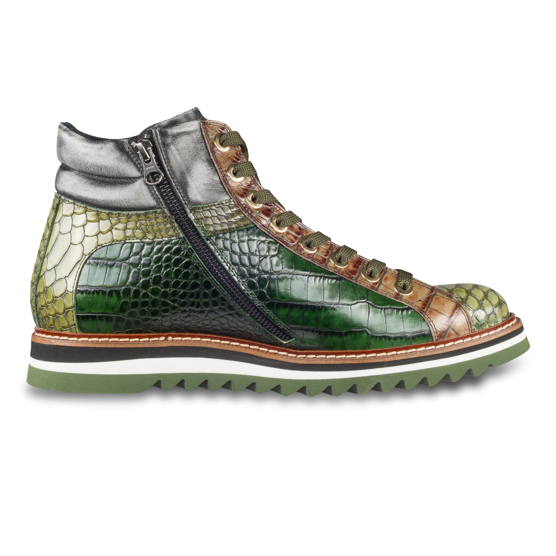Lorenzi Italienische Herren Leder-Sneaker Stiefel in grün mit Kroko-Prägung und Reißverschluß. Handgefertigt. Ansicht Innenseite linker Schuh