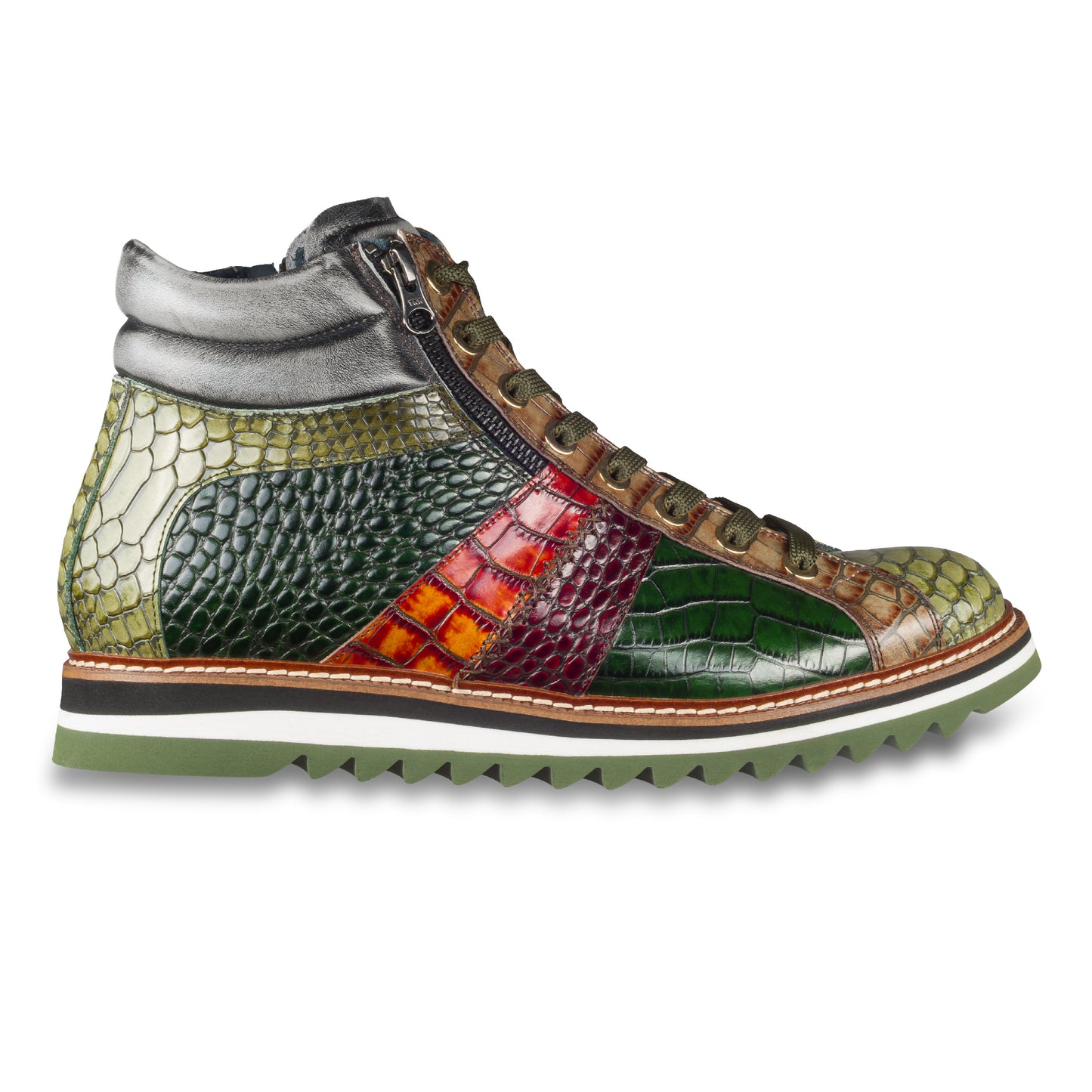 Lorenzi Italienische Herren Leder-Sneaker Stiefel in grün mit Kroko-Prägung und Reißverschluß. Handgefertigt. Ansicht Außenseite rechter Schuh