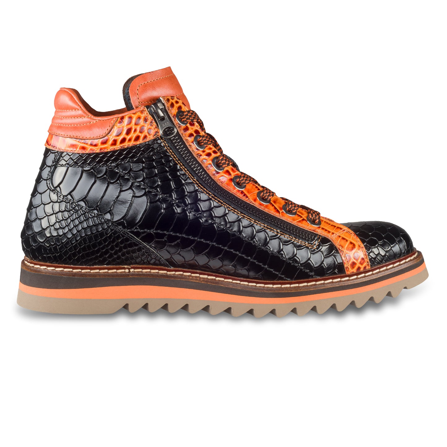 LORENZI Sneaker Stiefel Herren schwarz/orange. Kalbsleder mit Krokoprägung. Mit Reißverschluß. Handgefertigt / durchgenäht in Italien. Ansicht Innenseite linker Schuh