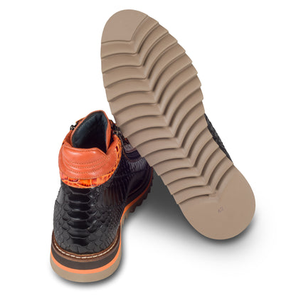 LORENZI Sneaker Stiefel Herren schwarz/orange. Kalbsleder mit Krokoprägung. Mit Reißverschluß. Handgefertigt / durchgenäht in Italien. Ansicht Ferse und Sohlenunterseite