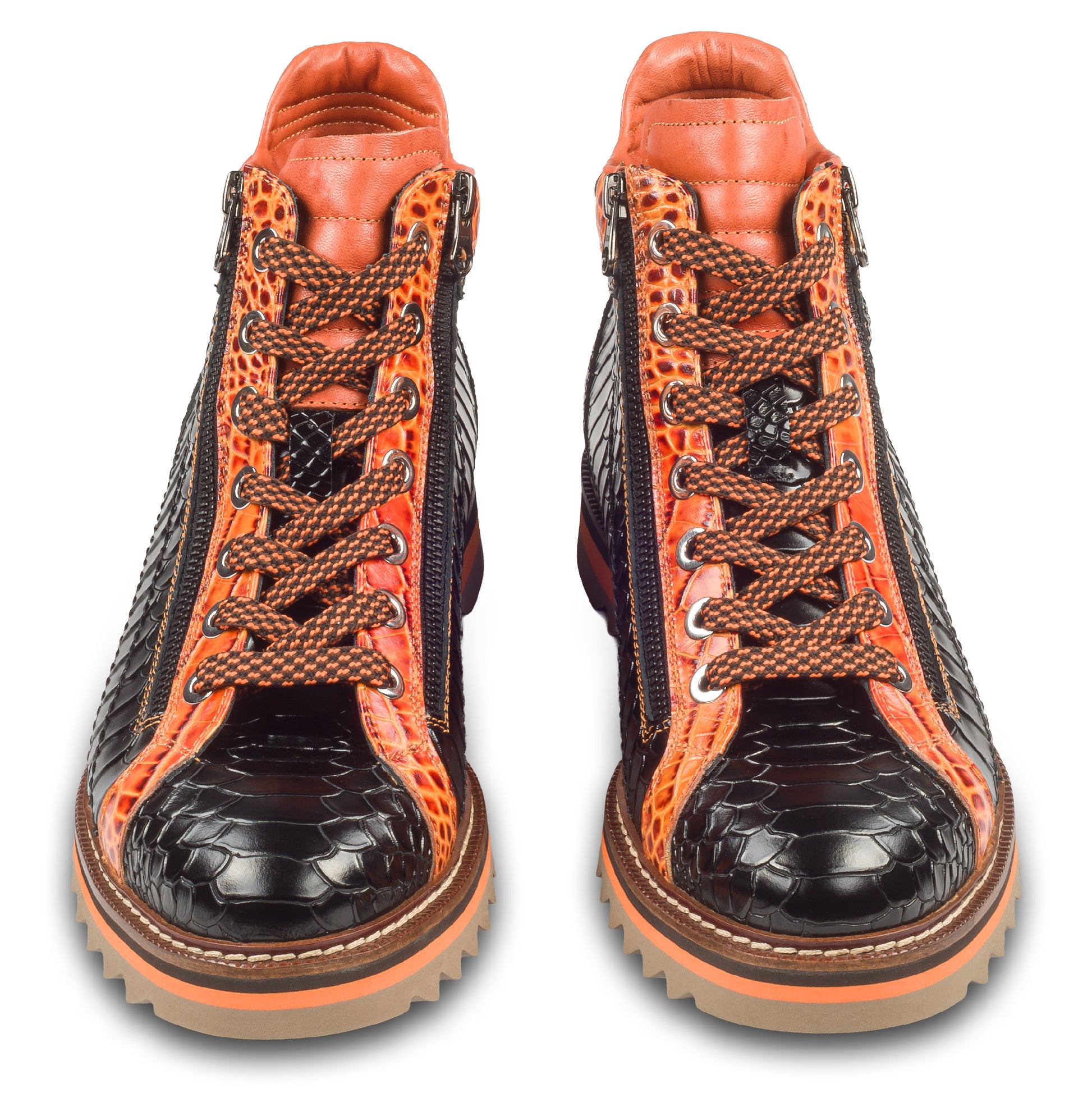 LORENZI Sneaker Stiefel Herren schwarz/orange. Kalbsleder mit Krokoprägung. Mit Reißverschluß. Handgefertigt / durchgenäht in Italien. Paarweise Ansicht von vorne