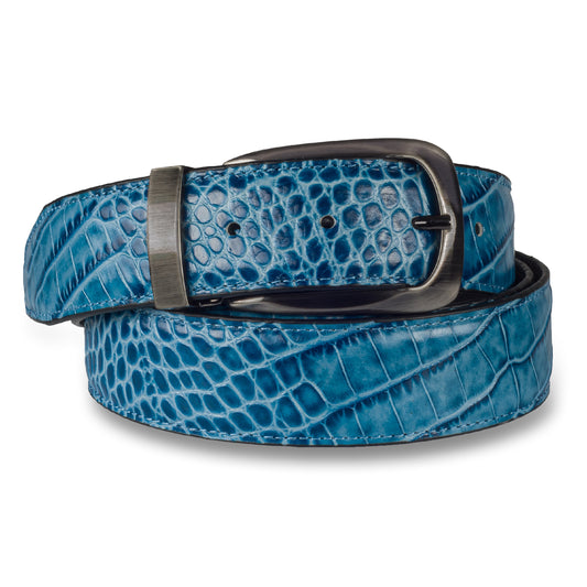 LORENZI Ledergürtel in Reptilprägung blau, Farbname Tropea Blu. Schließe anthrazit-farben. Länge kürzbar. Made in Italy.