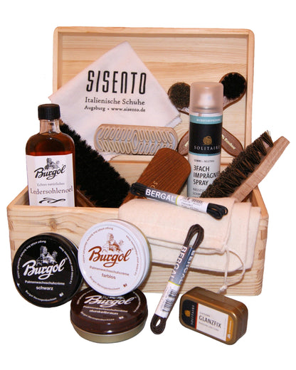 Schuhputzkiste mit Burgol & Solitaire Pflegeprodukten - 17teilig, Kiefernholz