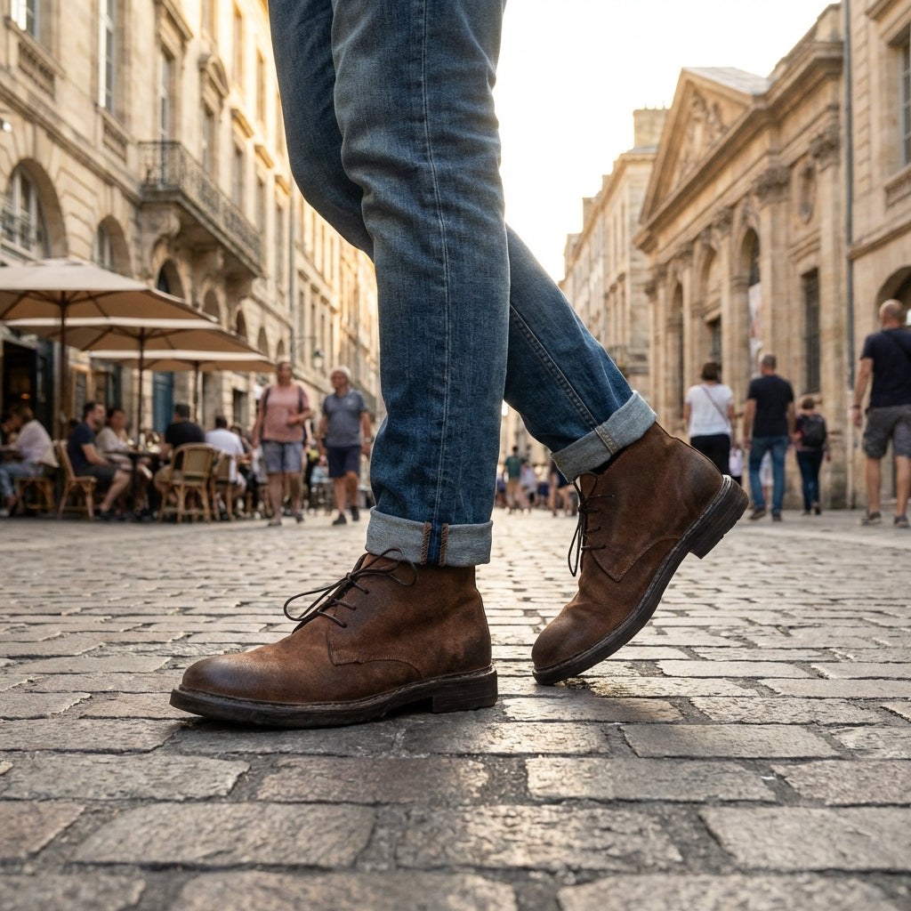 MOMA Italienische Herren Leder Schnürstiefelette / Chukka-Boots in braunem Wildleder, Vintage-Finish. Ansicht angezogen an Männermodell