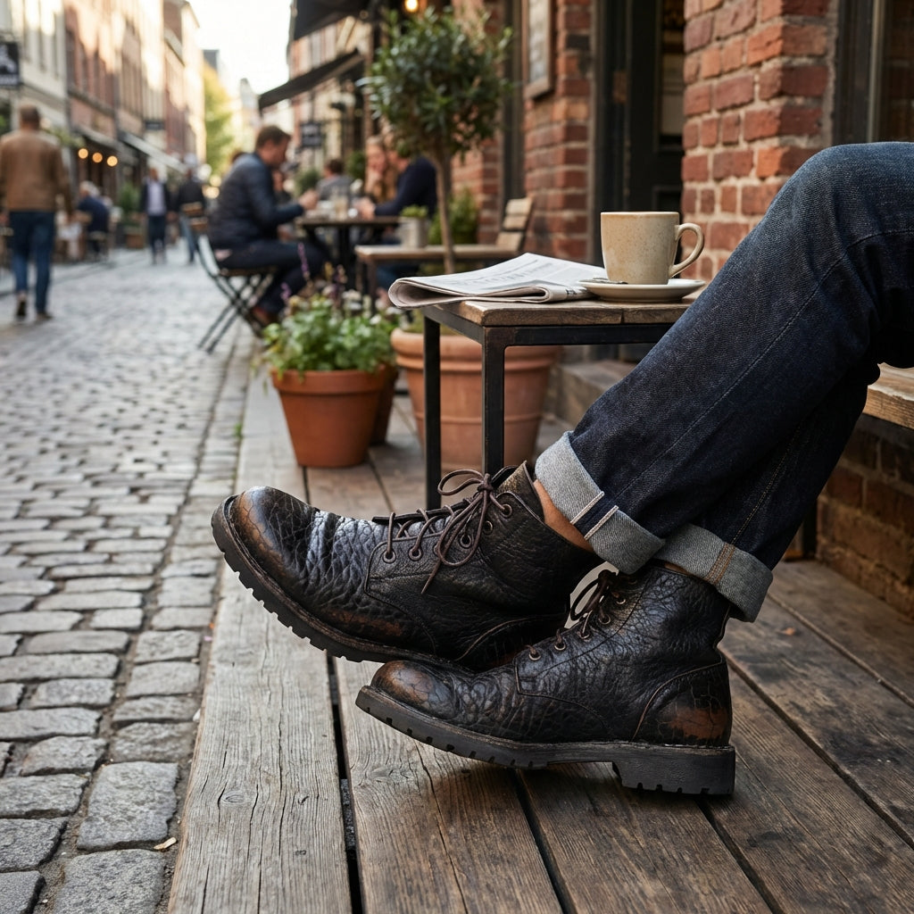 MOMA Schnürstiefelette Herren, braun/schwarz - Genarbtes Kalbsleder used-Look. handgefertigt / durchgenäht in Italien. Angezogenes Paar am Fuß