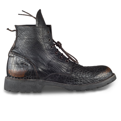 MOMA Schnürstiefelette Herren, braun/schwarz - Genarbtes Kalbsleder used-Look. handgefertigt / durchgenäht in Italien. Ansicht Innenseite linker Schuh