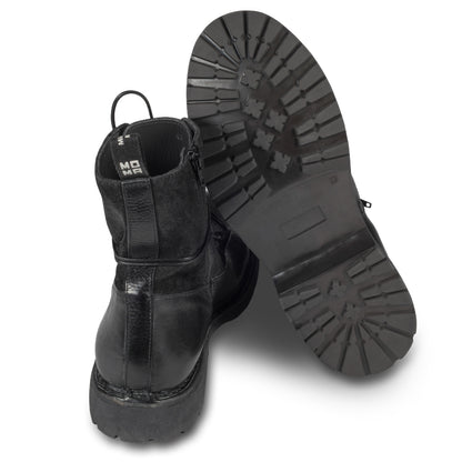 MOMA Schnürstiefelette Herren mit Reißverschluß, schwarzes Glattleder mit Wildleder. Handgefertigt / durchgenäht in Italien. Ansicht Ferse und Sohlenunterseite