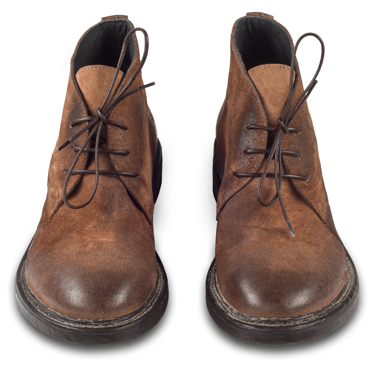 MOMA Italienische Herren Leder Schnürstiefelette / Chukka-Boots in braunem Wildleder, Vintage-Finish. Paarweise Ansicht von vorne