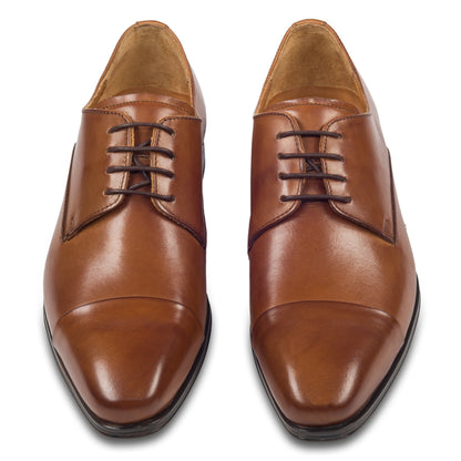 Nicola Benson Anzugschuh, Captoe Derby mittelbraun / cognac braun. Ansicht paarweise von vorne