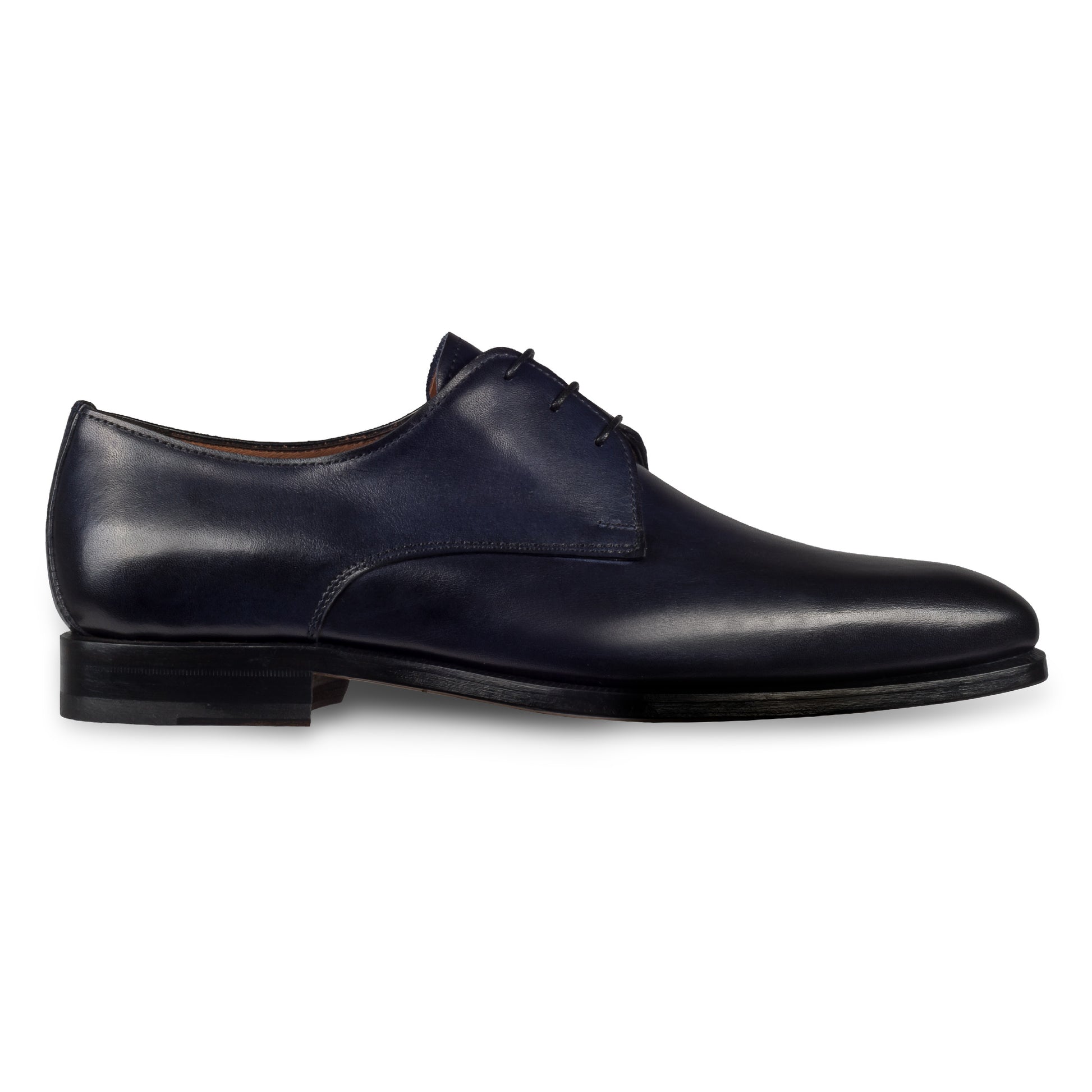 Anzugschuhe von Flecs, Plain Derby Schnürer in dunkelblau, durchgenäht. Seitliche Ansicht der Außenseite rechter Schuh. Bei Sisento.